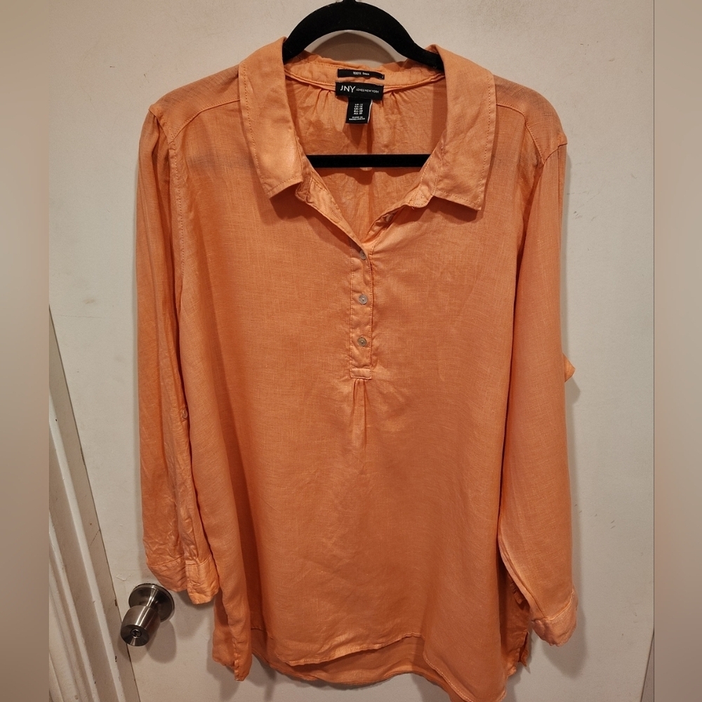 JNY Jones New York Peach Linen Longline Popover Top Sz 1X Beach Vacation Coastal